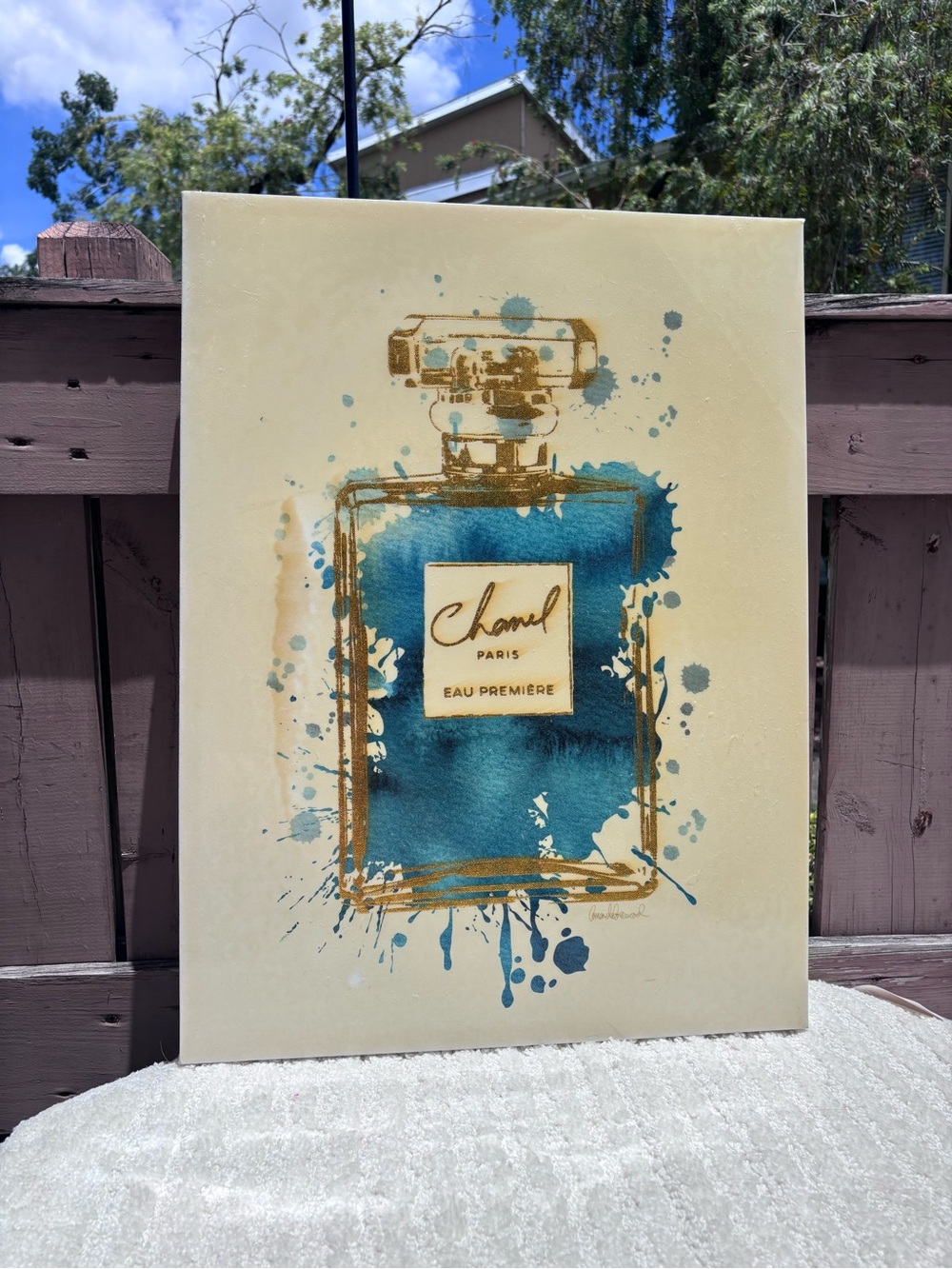 CHANEL Blue and Gold Perfume Bottle Artwork